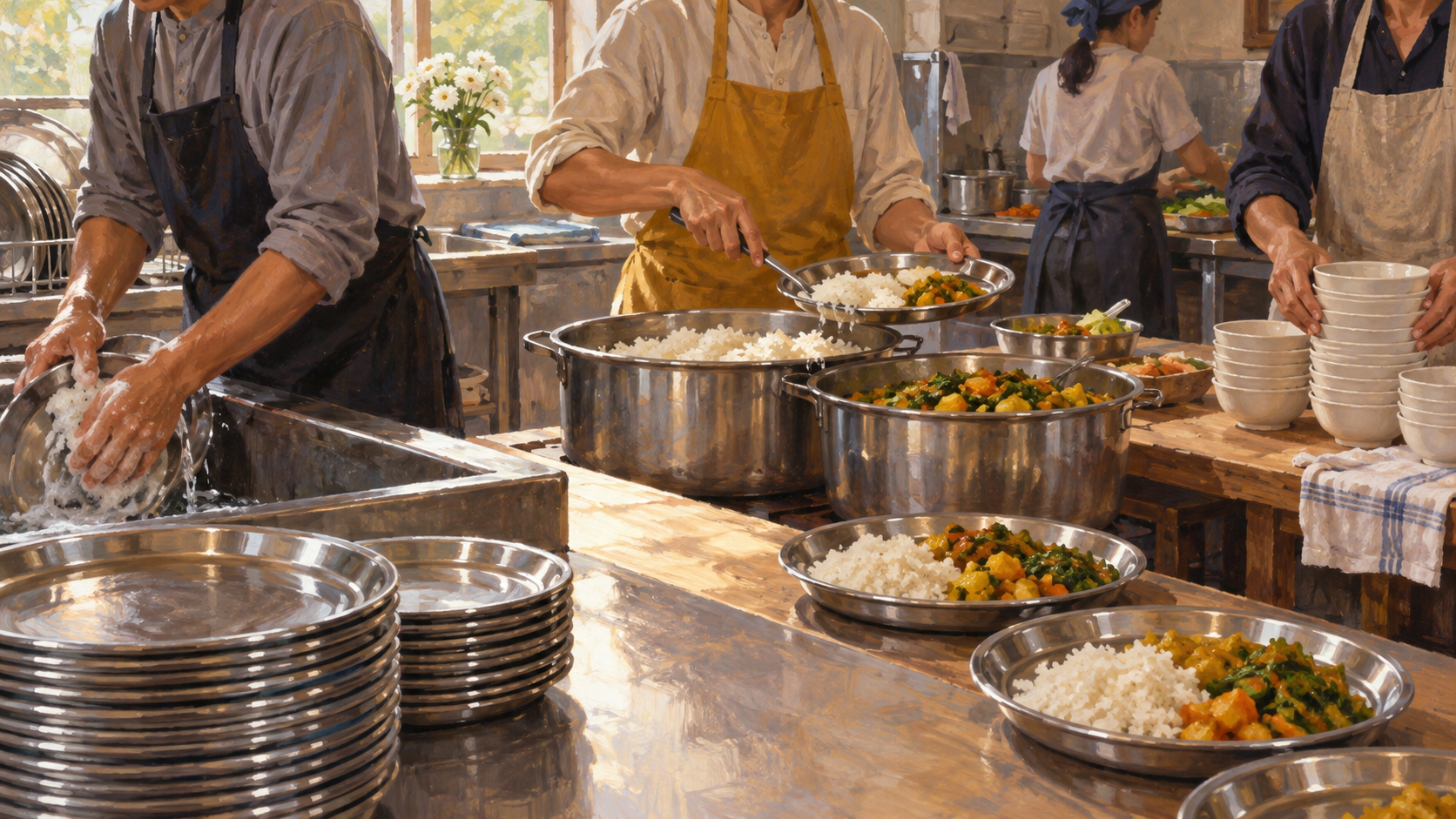 Volunteers wash plates, portion food, and stack bowls together in a sunlit community kitchen.
