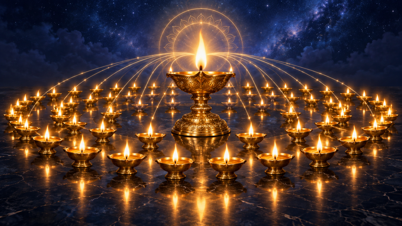 One large brass oil lamp burns at the center while its unchanged flame lights many smaller lamps arranged around it.