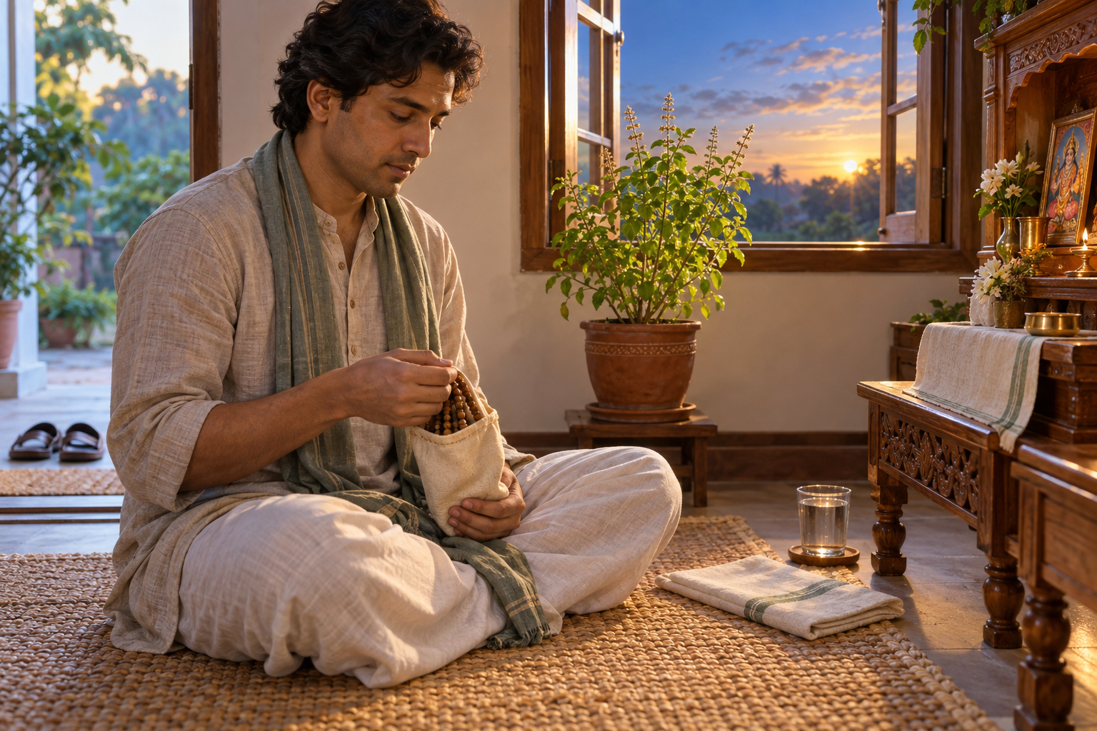 A practitioner chants with wooden prayer beads at dawn in a simple home prayer space beside a tulasi plant, water cup, and folded service cloth.