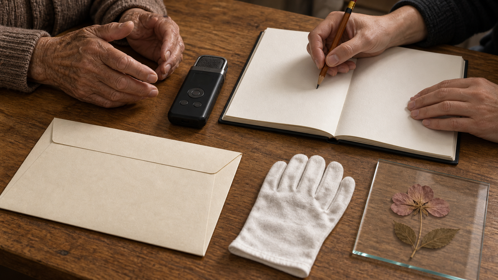 Two people record an oral history at a wooden desk beside a blank notebook, archival envelope, cotton glove, and pressed flower under glass.