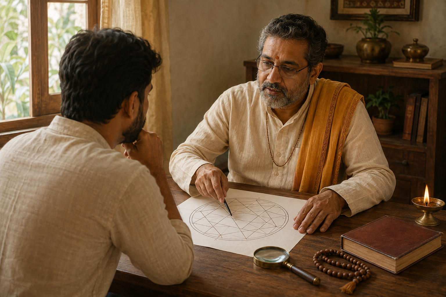 An astrologer and a seeker carefully examine an abstract birth chart together in a sunlit study.