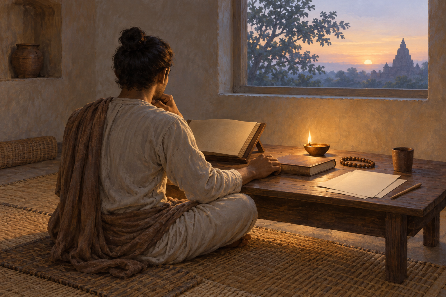 A seated student studies at a low wooden desk with a hidden open book, a closed volume, prayer beads, blank sheets, and an oil lamp.