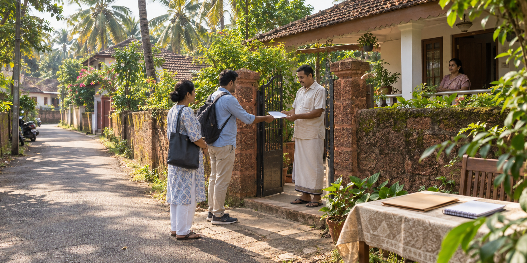 Residents speak with two visitors offering an unmarked leaflet at the gate of a tiled-roof home in a leafy Goan neighborhood.