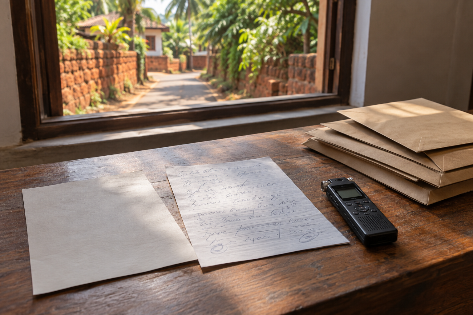 An unmarked leaflet, an evidence envelope, a notebook with illegible marks, and an audio recorder rest on a wooden table by a window.