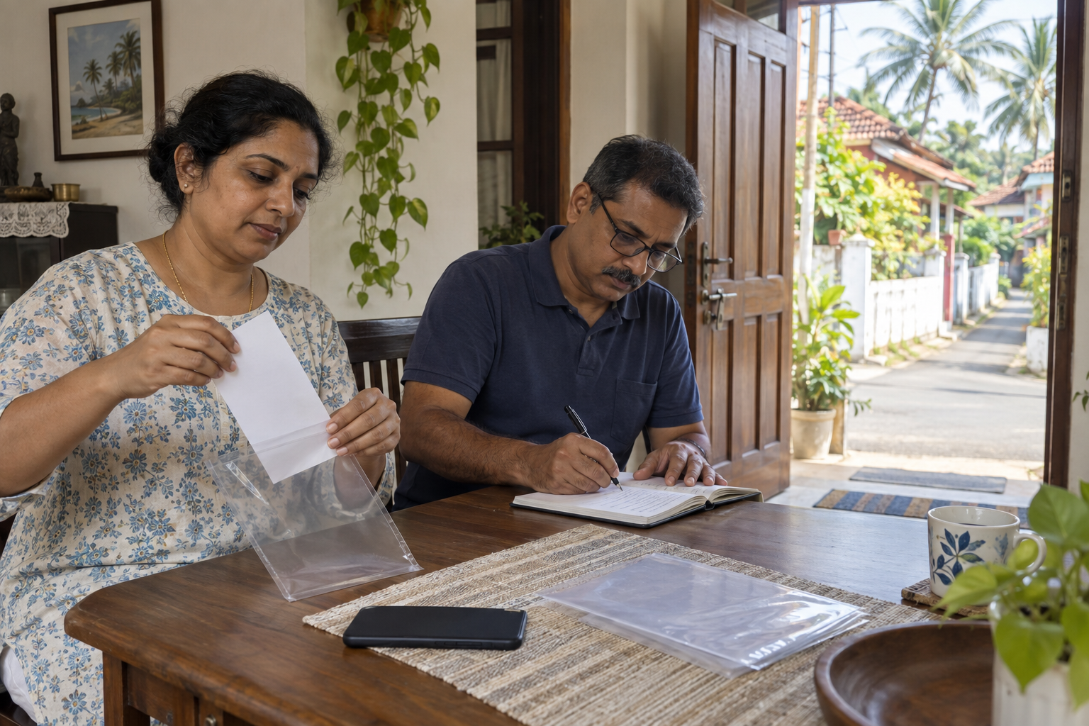 Two residents calmly record notes and preserve an unmarked leaflet inside a Goan home while a phone remains face down on the table.