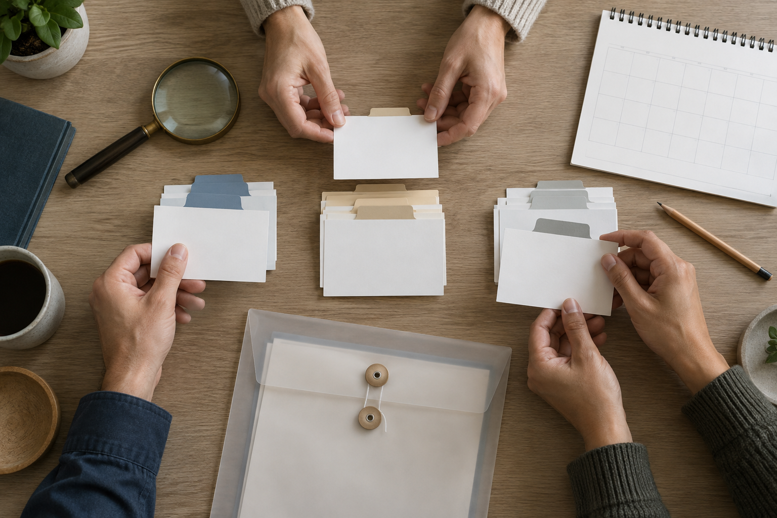 Several hands sort blank evidence cards beside a magnifying glass, calendar, document sleeve and pencil on a table.
