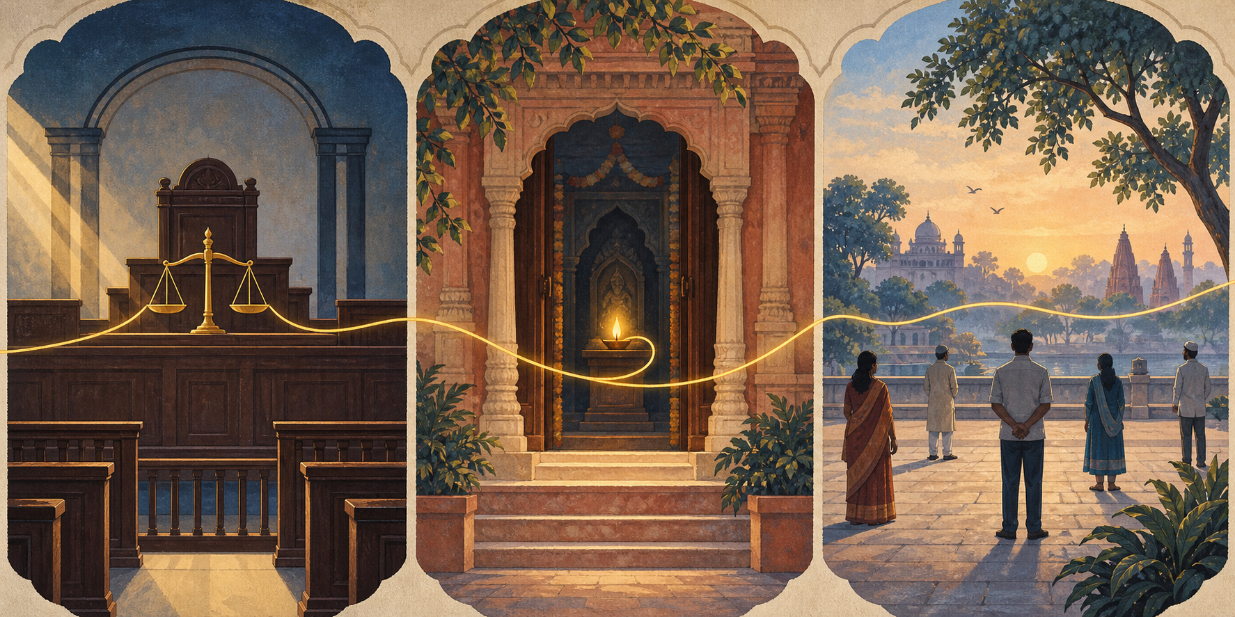 A triptych shows an empty courtroom, an open temple doorway and anonymous citizens in a peaceful public square, linked by a golden line.