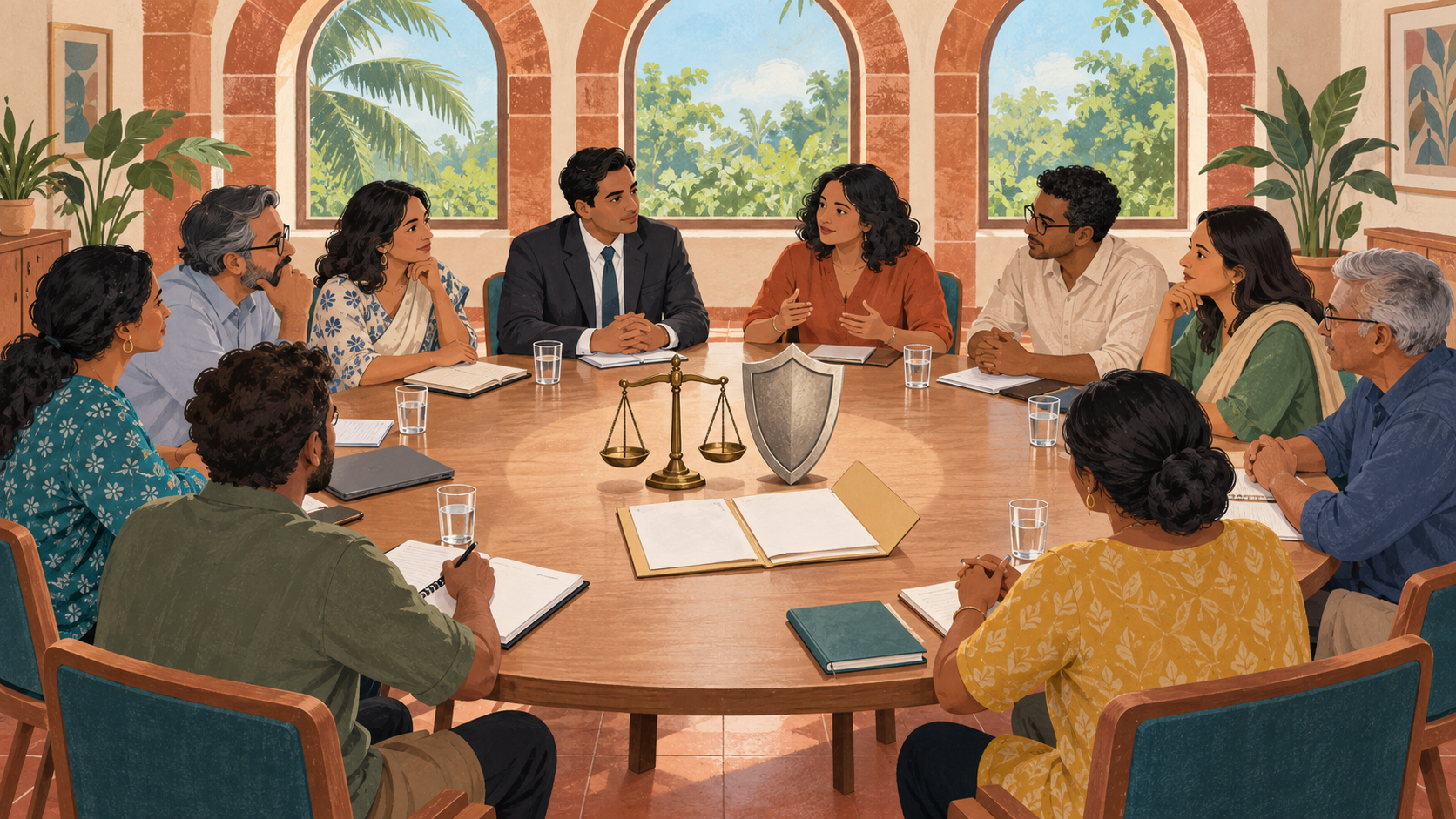 A diverse group of residents and professionals holds a roundtable consultation around scales, a shield, and an open folder in a Goan community hall.