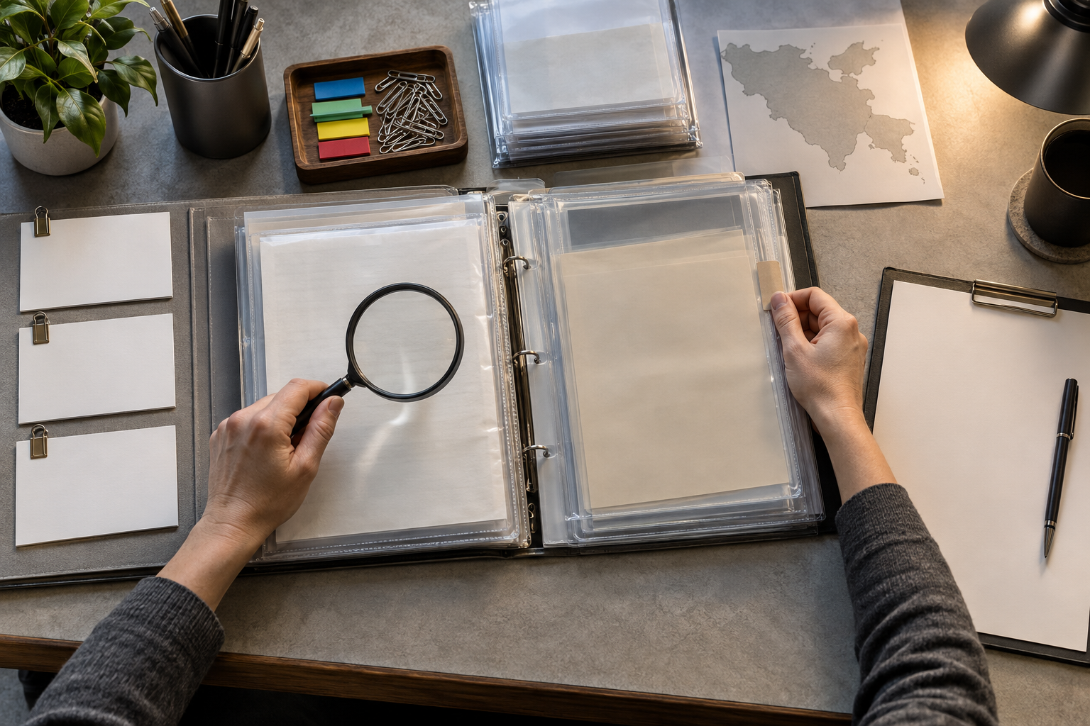 Two hands review an organized dossier containing blank chronology cards, source documents, verification tabs and an unlabeled map outline.
