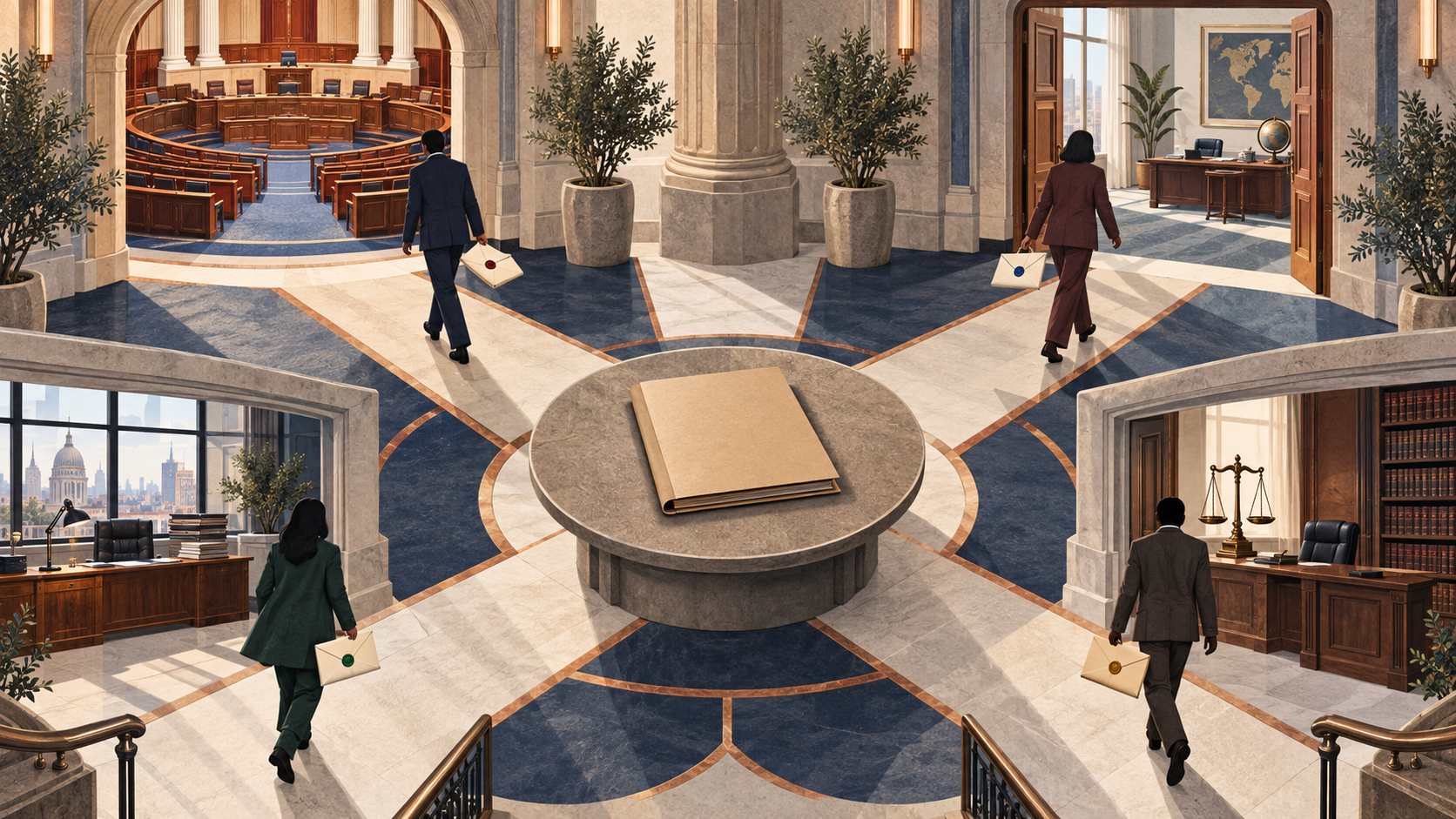 Anonymous messengers carry sealed packets from a central dossier toward an assembly chamber, diplomatic office, editor's desk and legal office.