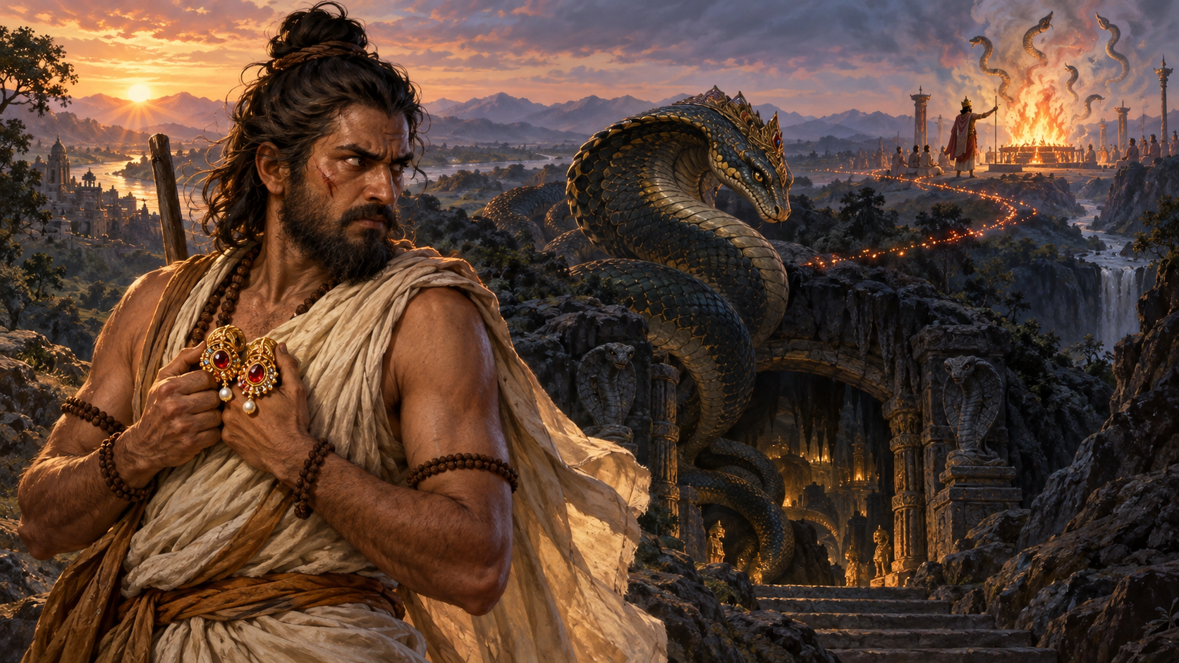 Uttanka holds jeweled earrings while Takshaka coils near a dark passage and a distant royal fire foreshadows the serpent sacrifice.