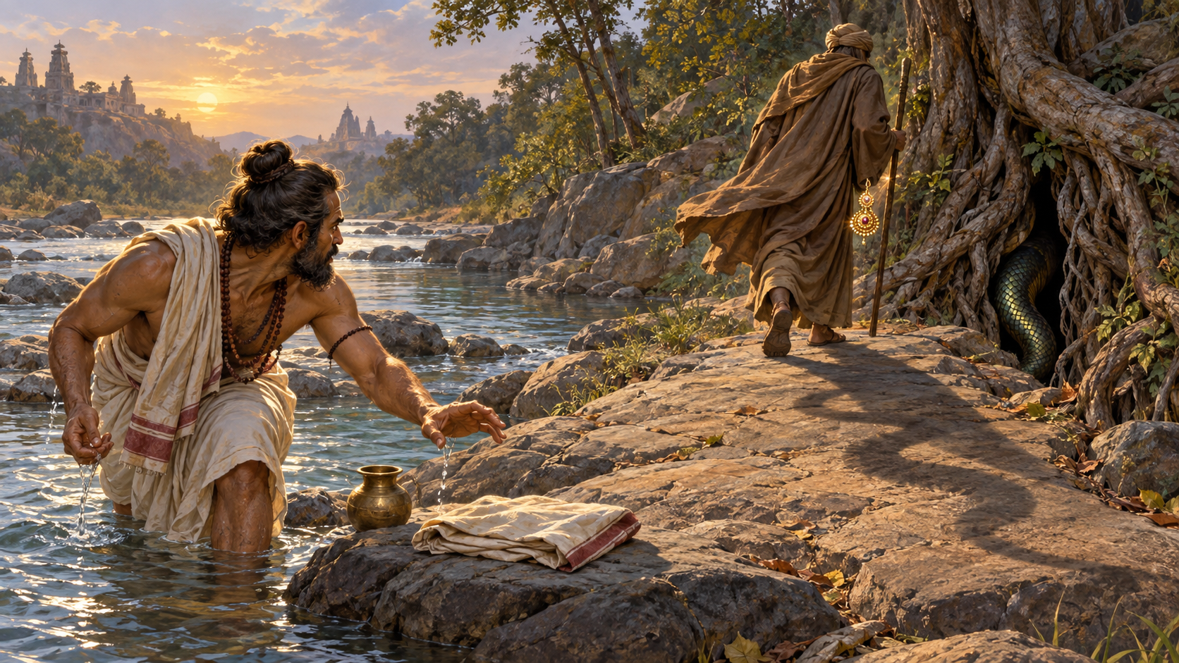 Uttanka turns from a riverbank as a mysterious figure carrying the jeweled earrings disappears toward a root-covered fissure with a serpent-like shadow.