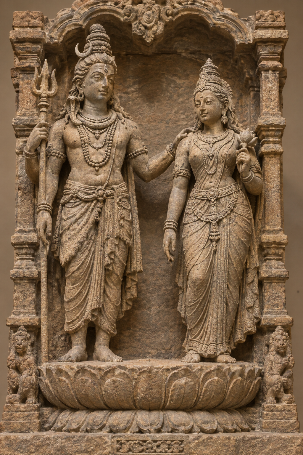 Close view of a stone Alingana Murti showing Shiva's and Parvati's separate postures, attributes, and embracing arms.