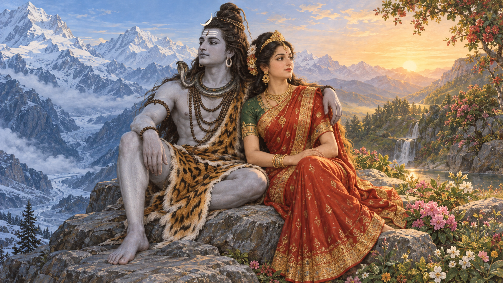 Shiva and Parvati sit in an embrace where a cool rocky landscape meets a warm flowering landscape.