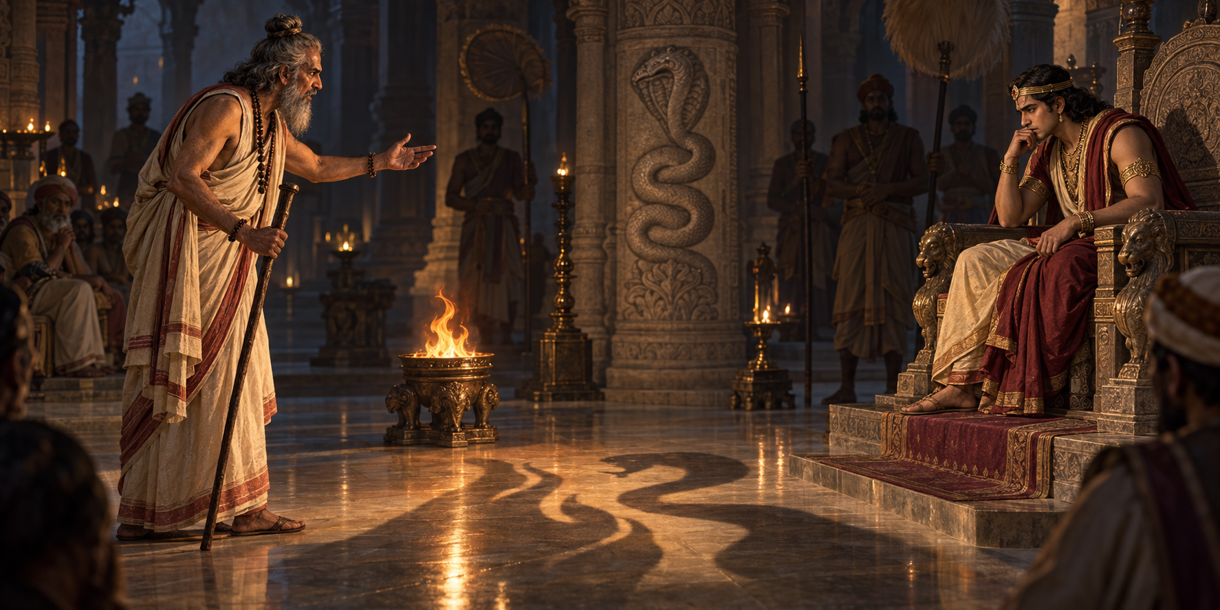 Uttanka gestures urgently before King Janamejaya in a lamp-lit court as firelight casts a large shadow across the floor.