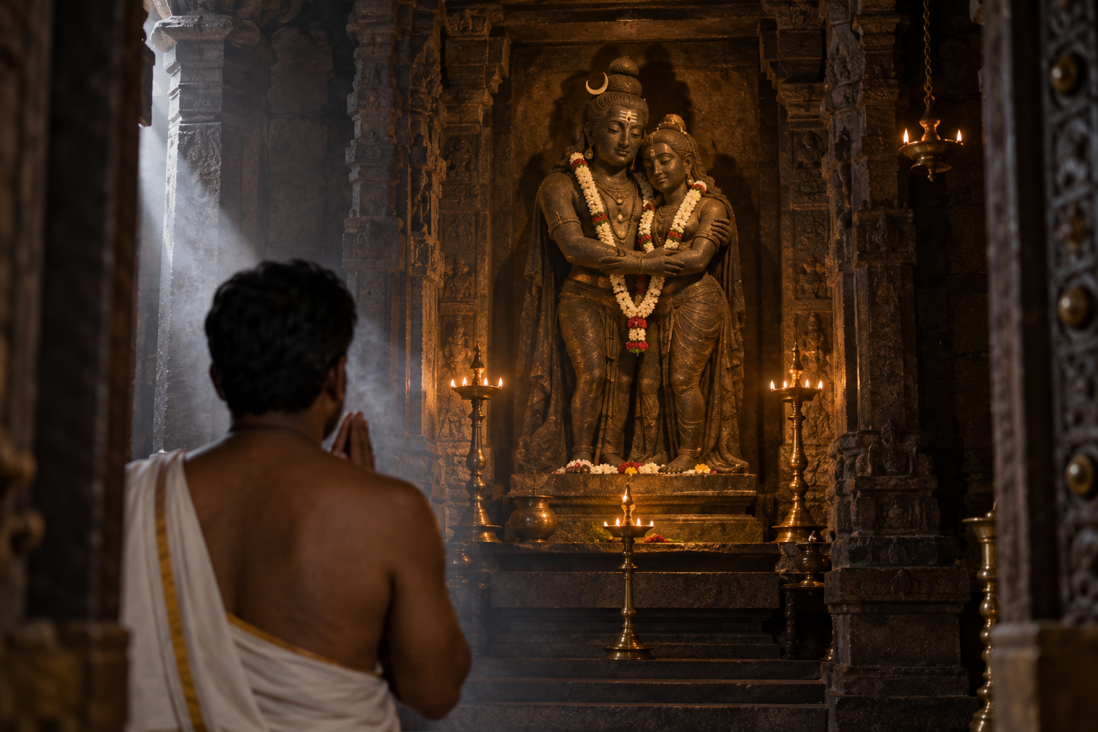 A devotee with joined hands views an embracing Shiva-Parvati murti illuminated by an oil lamp in a temple sanctum.
