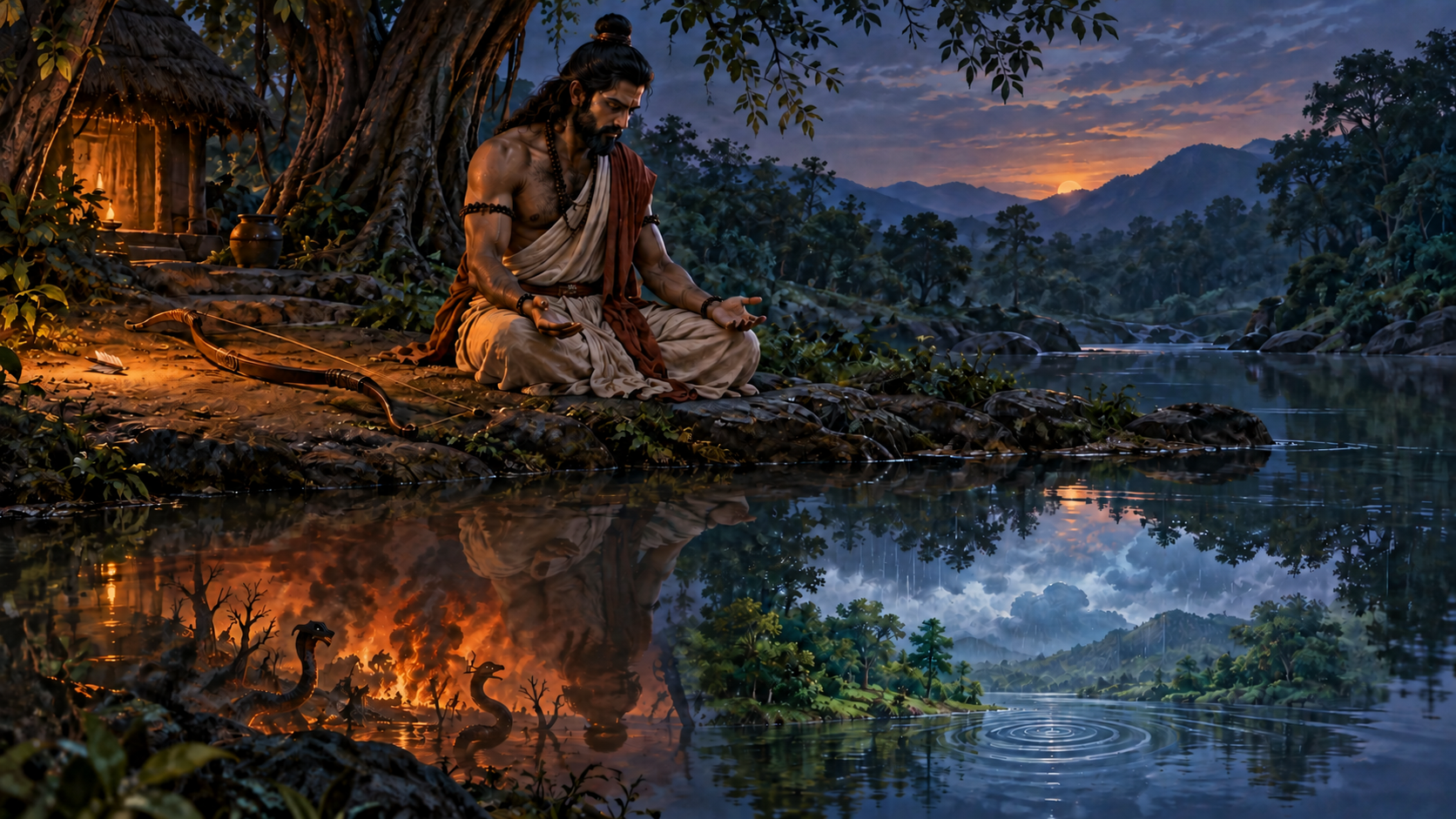 A seeker sits beside still water with a bow and arrow lowered on the ground while the reflection contrasts spreading fire with a peaceful rain-cooled forest.