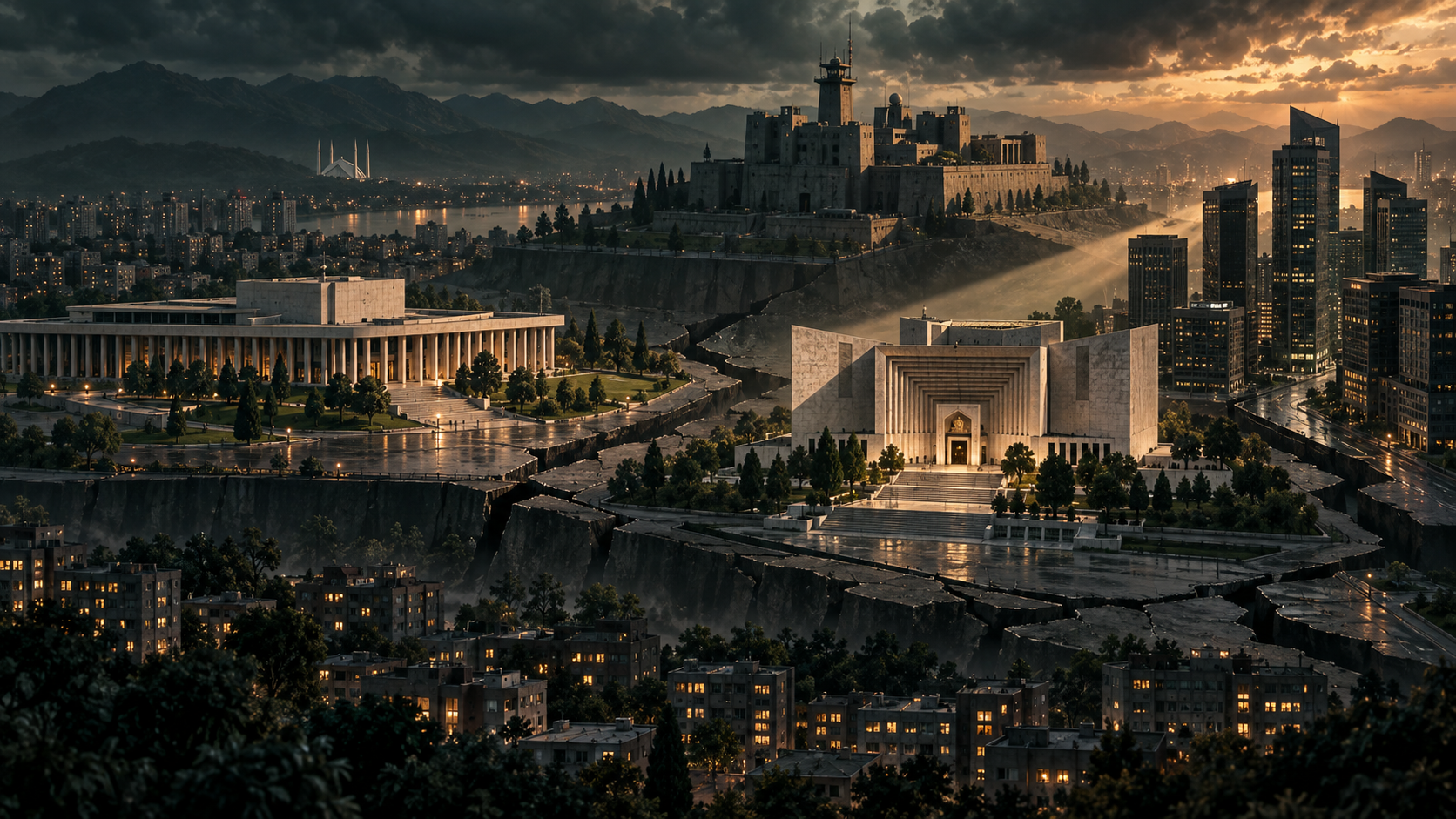 Editorial illustration of parliament, a courthouse, a military command complex and a financial district standing on interlocking sections of cracked ground beneath storm clouds.