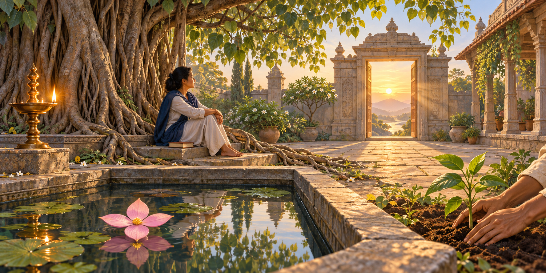 A reader sits beneath a banyan tree in a dawn courtyard surrounded by an oil lamp, reflecting pool, young plant, four-petaled lotus, and open gateway.