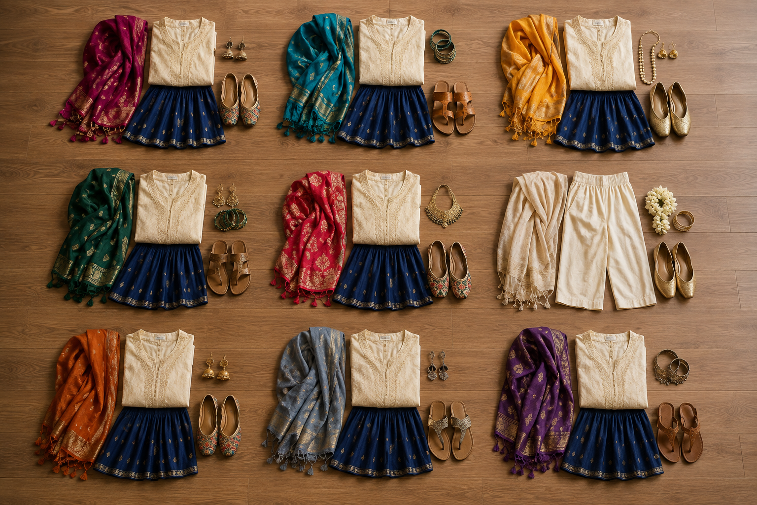 Nine Navratri outfit combinations reuse neutral garments with different colorful scarves, jewelry, and accessories.