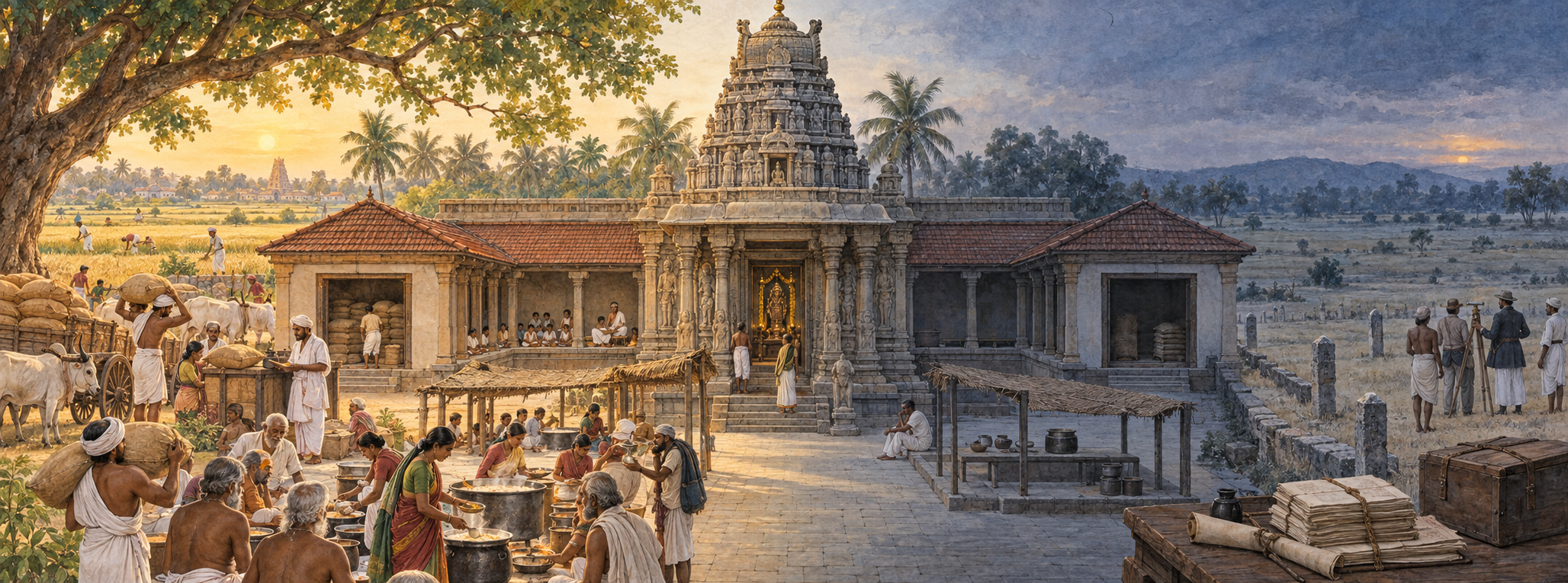 A cutaway illustration shows an intact Hindu temple complex changing from active kitchens, teaching, grain storage, and public service to quiet and underfunded spaces.