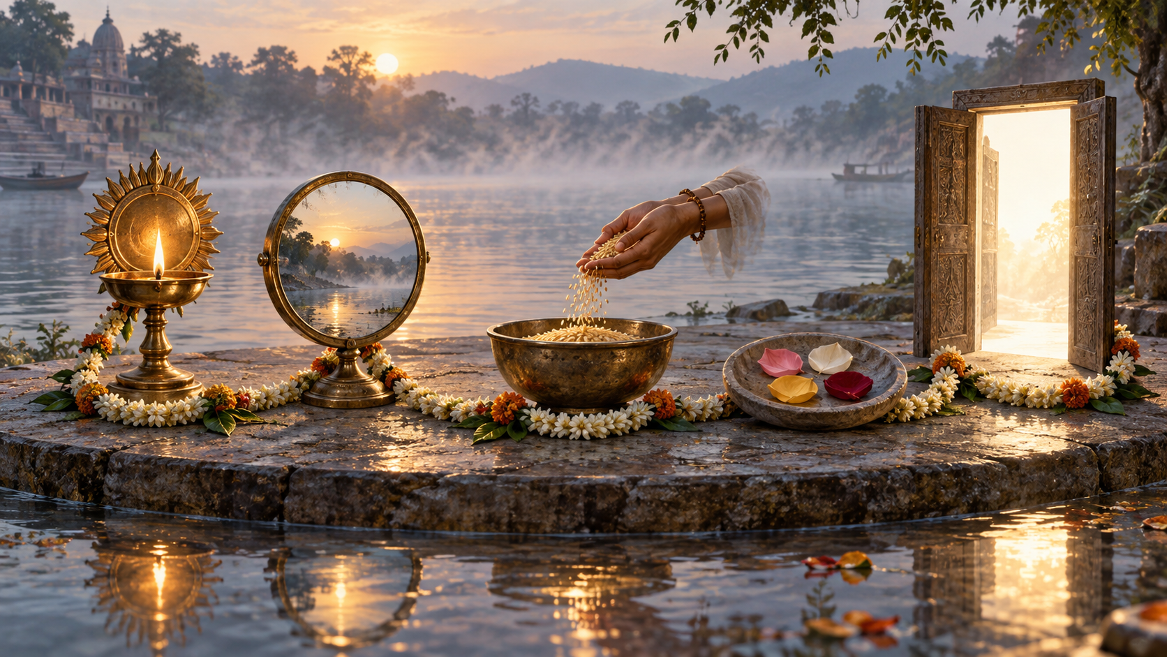 Five symbolic objects beside a river include a lamp, bronze mirror, shared bowl of grain, four flower petals, and a light-filled doorway.