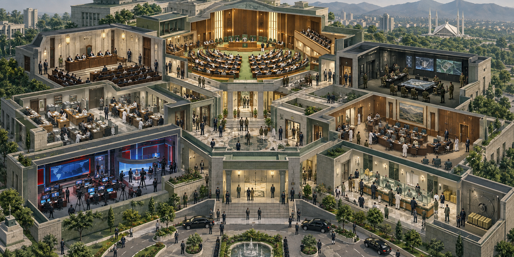 Cutaway editorial illustration of parliament connected by corridors to a court, military offices, civil-service rooms, provincial chambers, a newsroom and a bank.