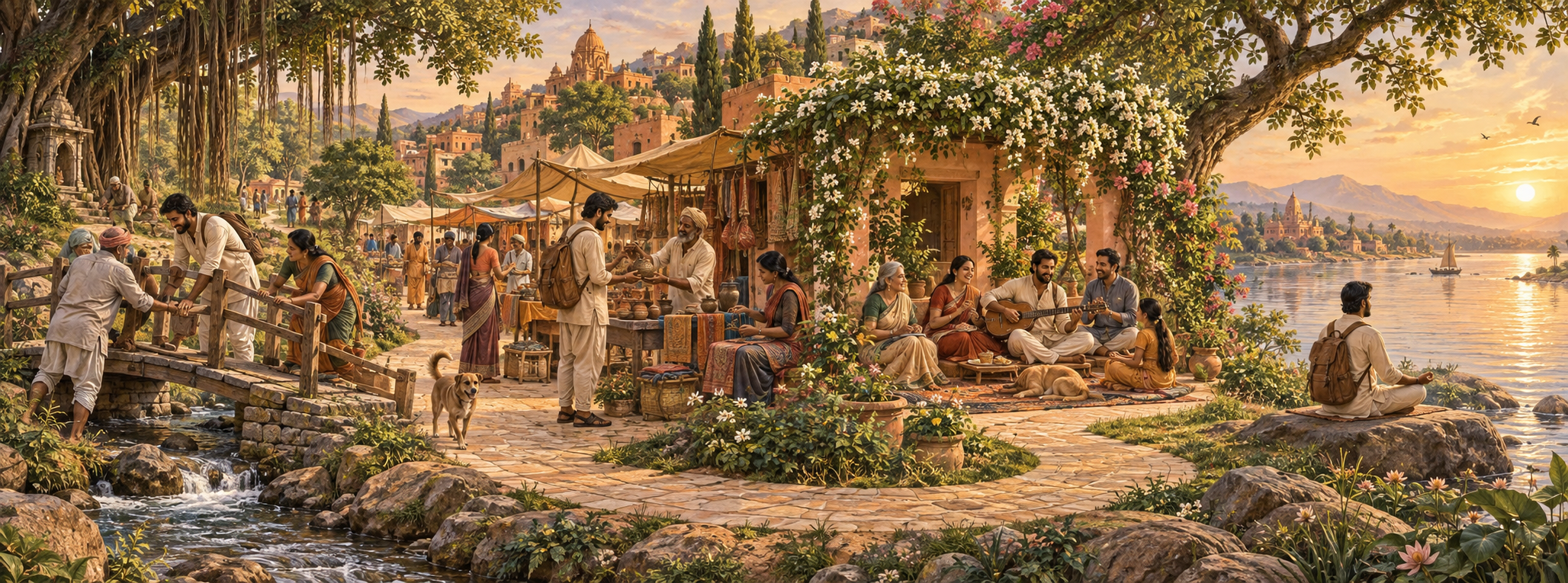 A winding garden path connects scenes of community duty, skilled work, affectionate companionship, and meditation beside a river.