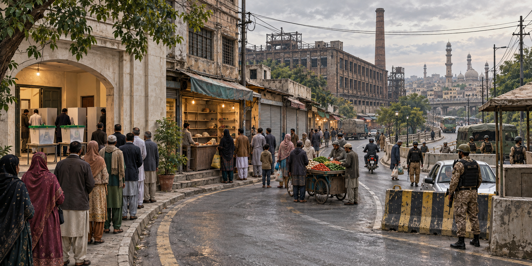 Panoramic illustration linking a polling place, shuttered workshops, a sparse market and a security checkpoint along one continuous city street.