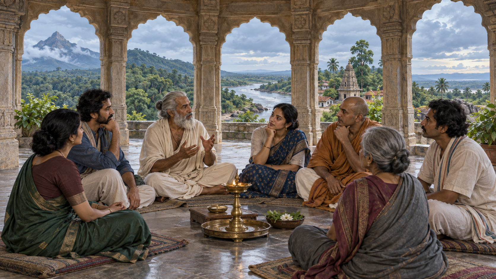 Indian scholars and householders discuss ideas around an oil lamp while separate archways reveal different views of one landscape.