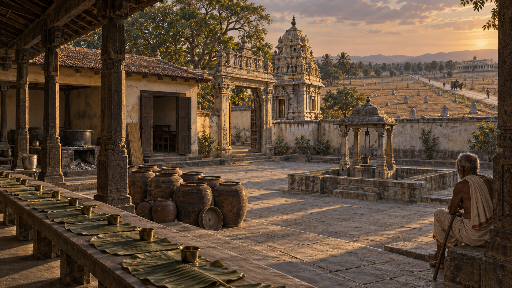 An intact temple courtyard contains a cold kitchen, empty grain jars, an unused classroom, and a dry water pavilion while an elderly caretaker stands nearby.