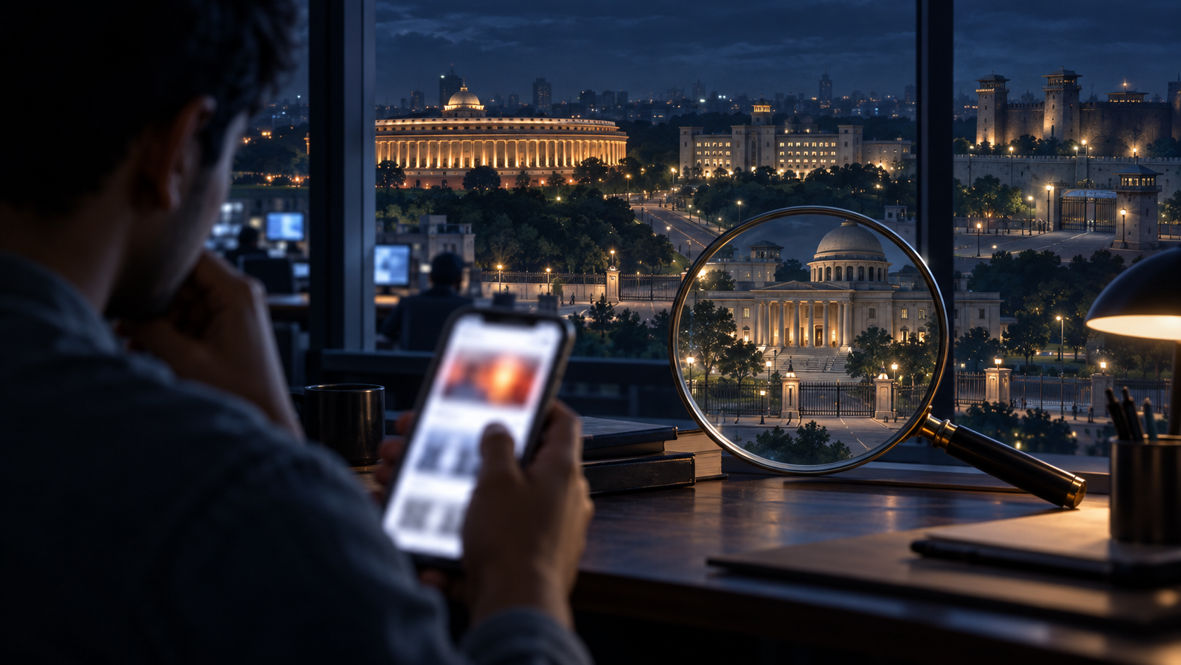 An anonymous reader holds a glowing smartphone while a magnifying lens and window reveal parliament, a courthouse, government offices and a fortified complex beyond.