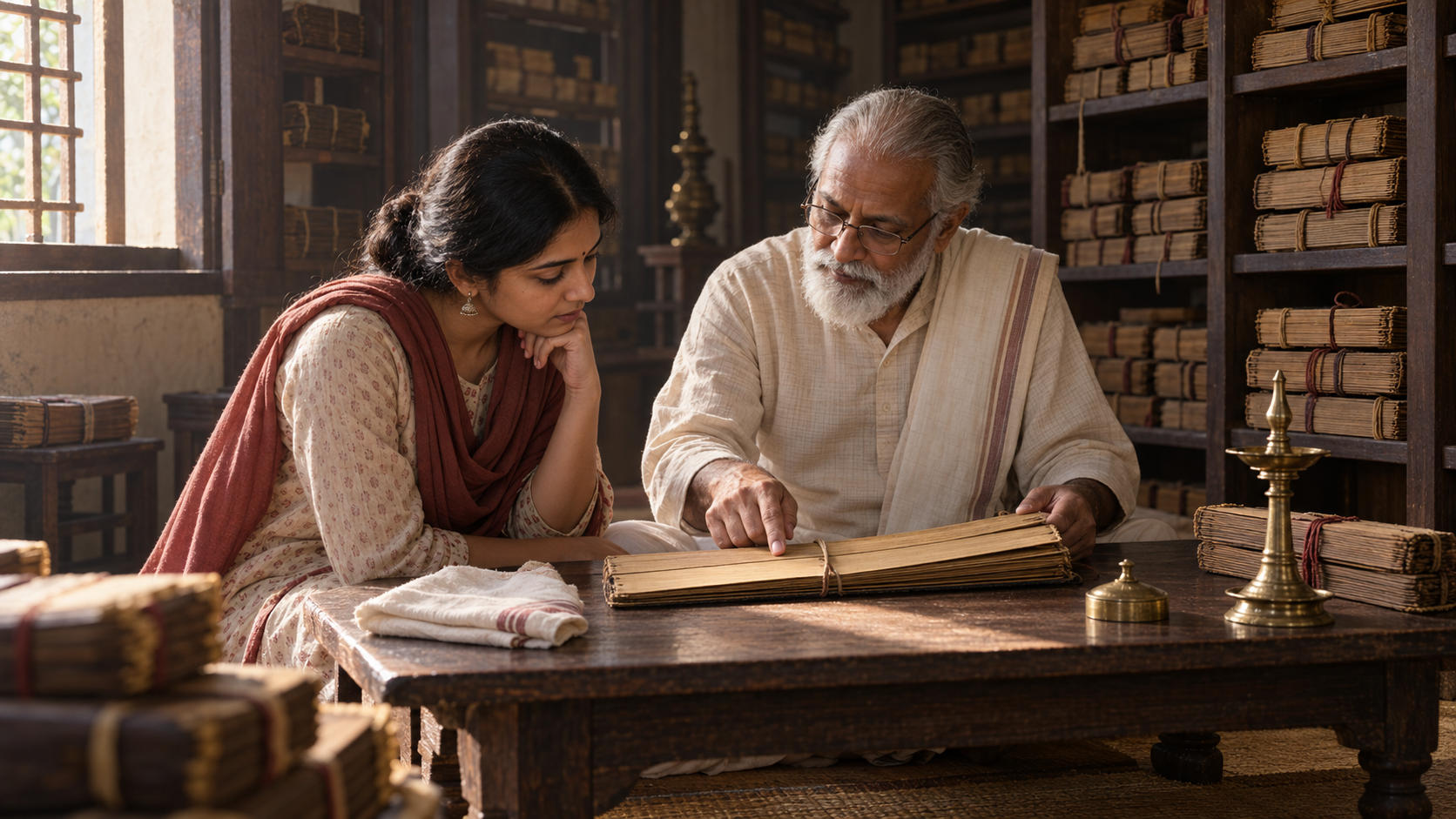 A reader and an elder examine one palm-leaf manuscript bundle at a low table in a softly lit library.