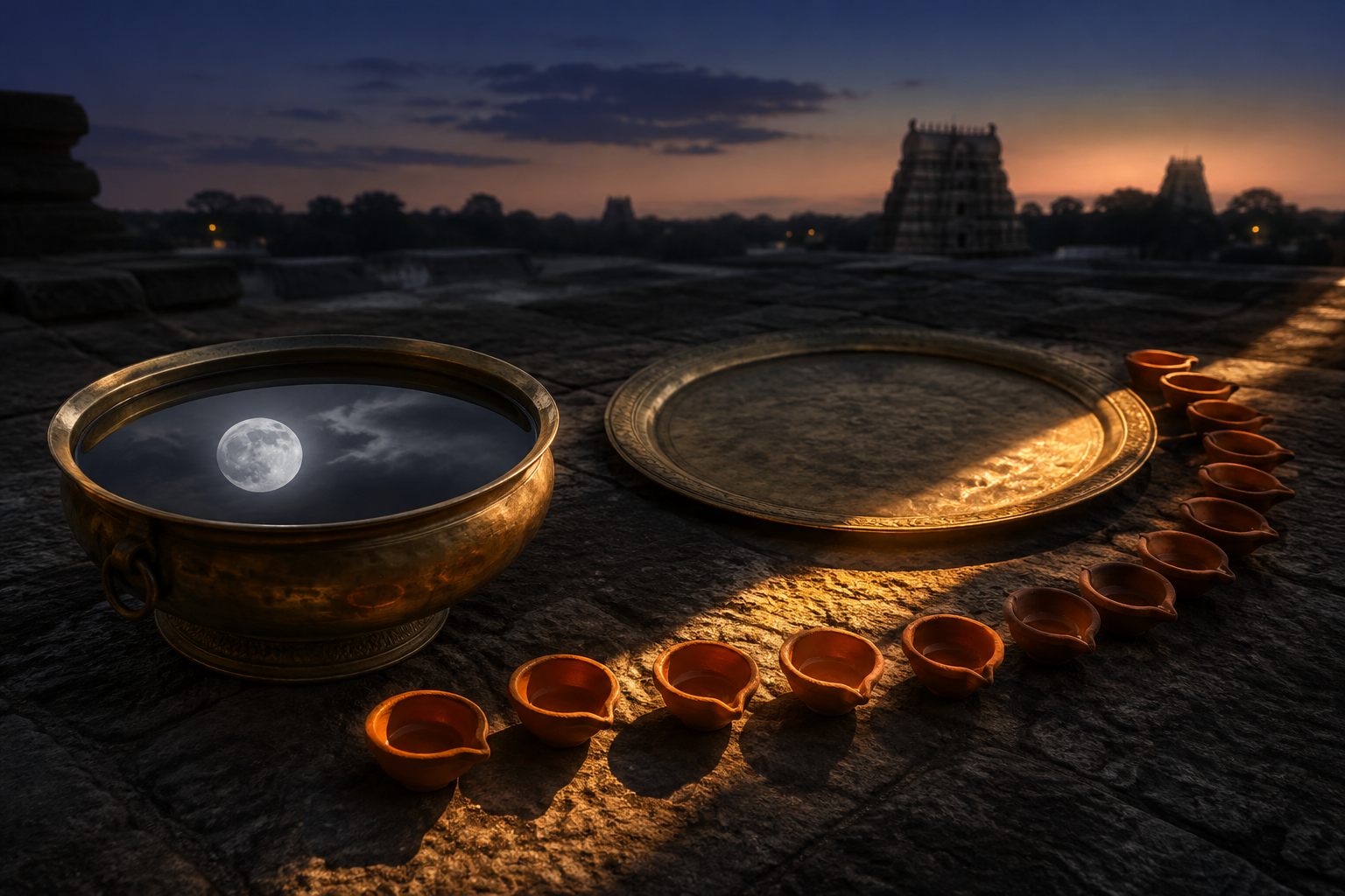 Brass vessels, moonlight, sunlight, and an additional clay lamp symbolically represent the extra lunar month created by lunar and solar calendar alignment.
