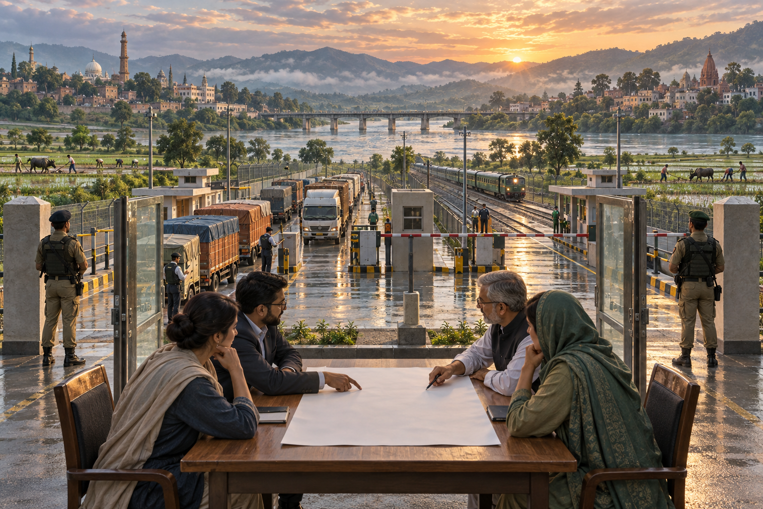 Two groups of South Asian officials meet beside an orderly border crossing with freight trucks, a distant passenger train, farms and a river under a calm sunrise.