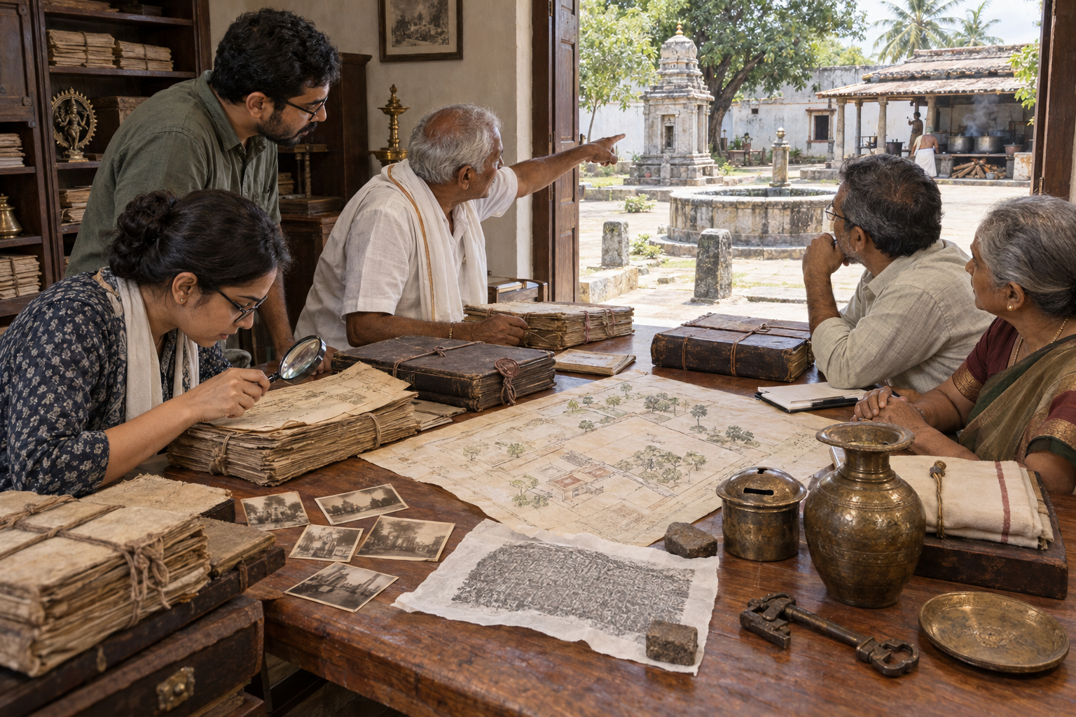 Researchers and community elders compare record bundles, account books, a property plan, old objects, and features of a surviving temple courtyard.