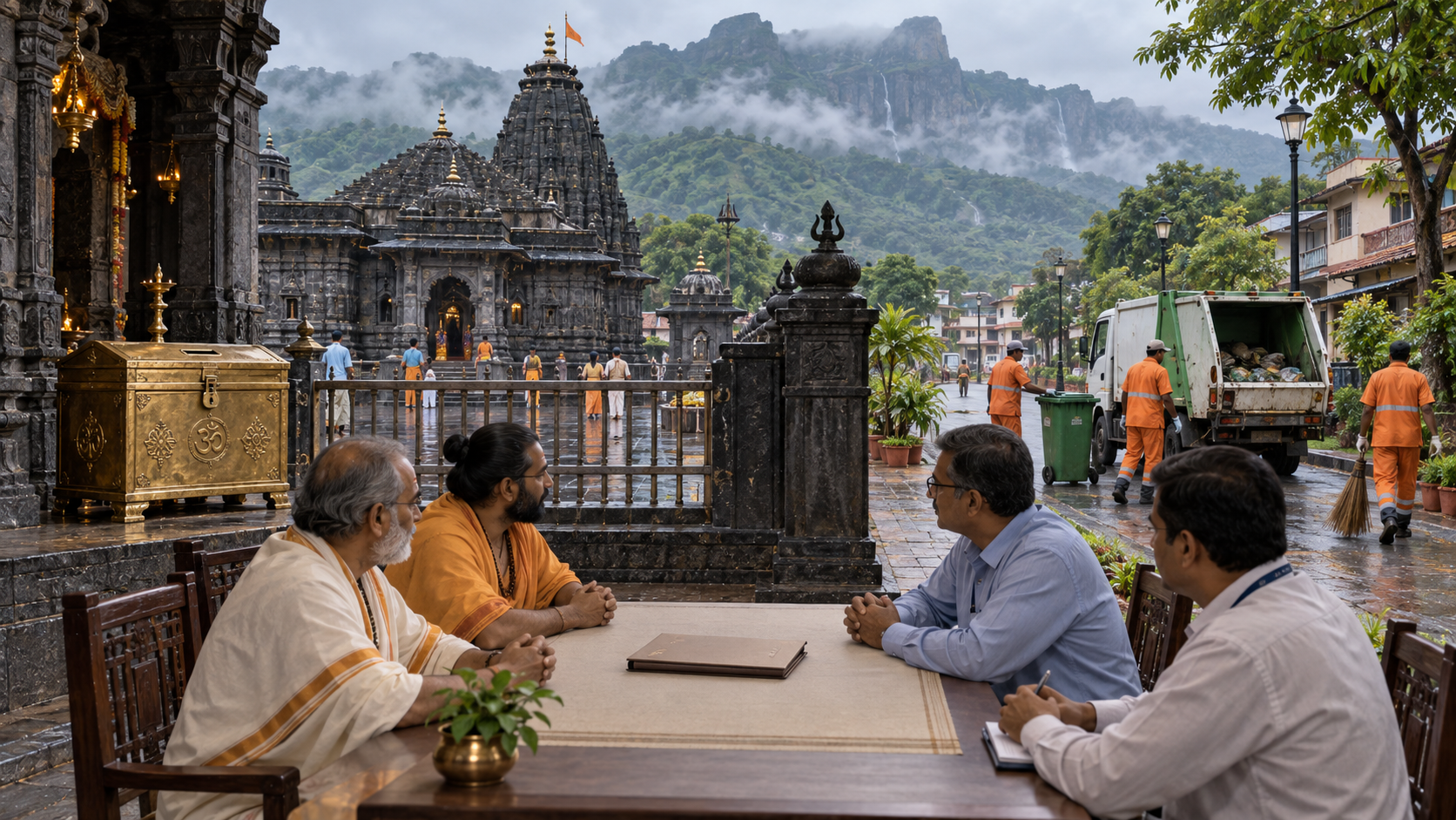 A black-stone temple in a misty hill town, with a closed donation chest inside its boundary and sanitation workers operating across the street while officials sit at a table between them.