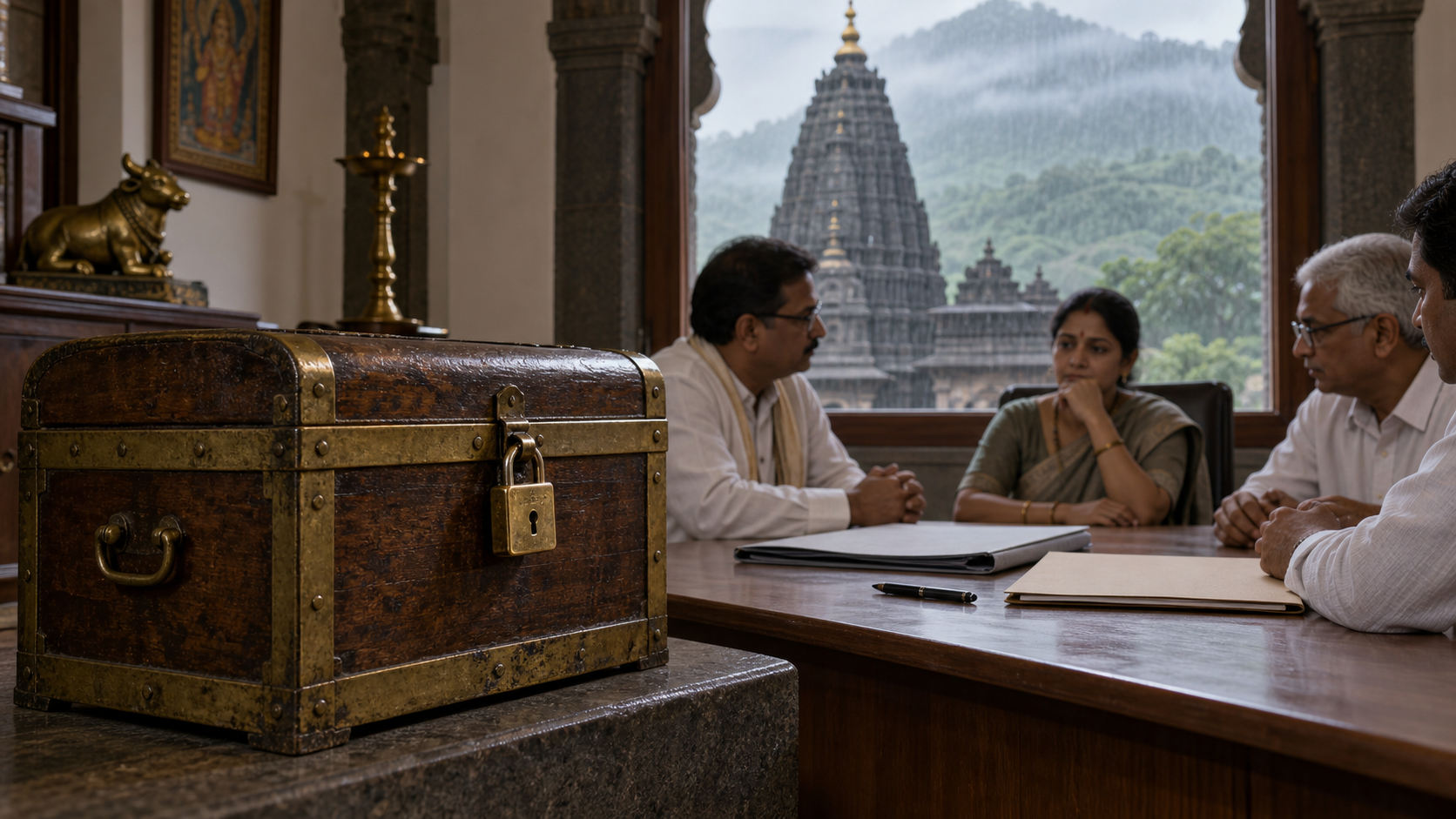 A locked temple donation chest remains untouched beside a meeting table holding an unsigned folder and capped pen, with a stone temple visible through the window.