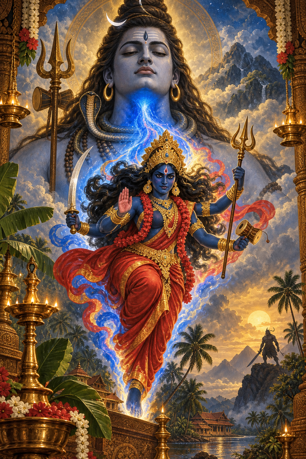 Bhadrakali manifests in blue and gold light from Shiva's cobalt-blue throat while the distant figure of Darika stands in the background.