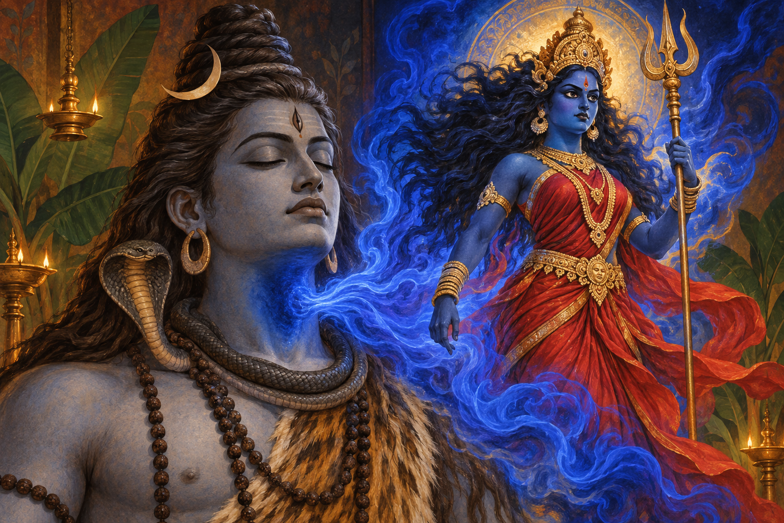 Shiva's closed third eye remains dark as Bhadrakali emerges as an adult goddess from the indigo light of his blue throat.