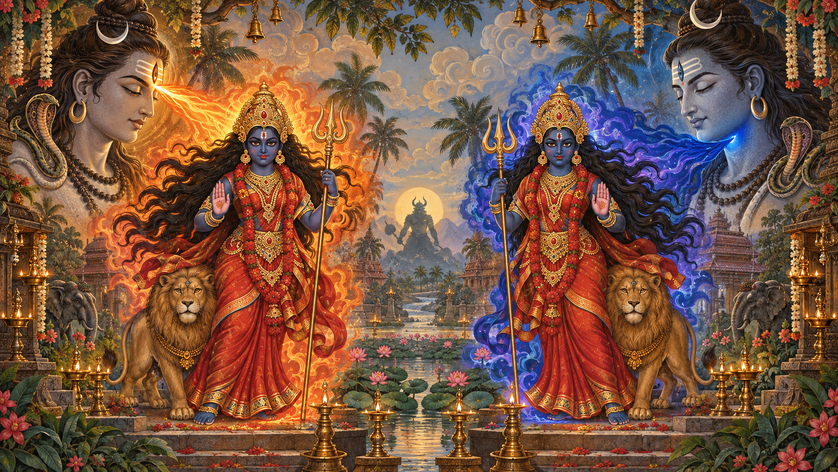 A balanced two-part illustration shows Bhadrakali emerging from Shiva's fiery third eye on one side and from his blue throat on the other, with Darika in both backgrounds.