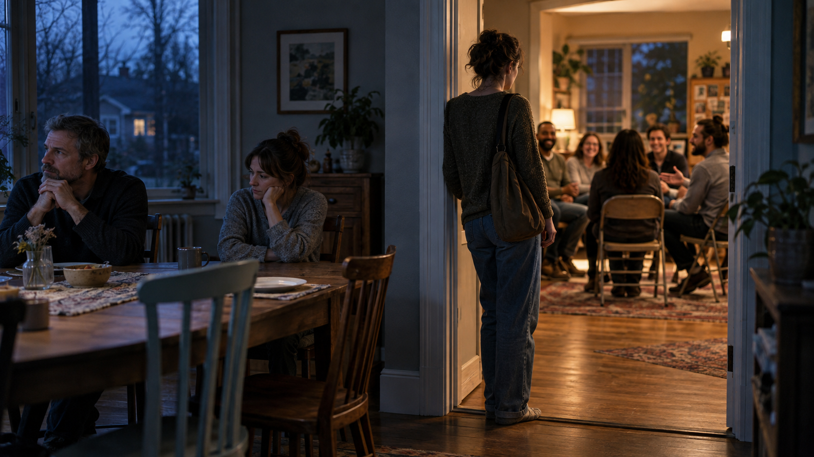 An adult pauses in a doorway between a quiet family dining room and a warmly lit community gathering.