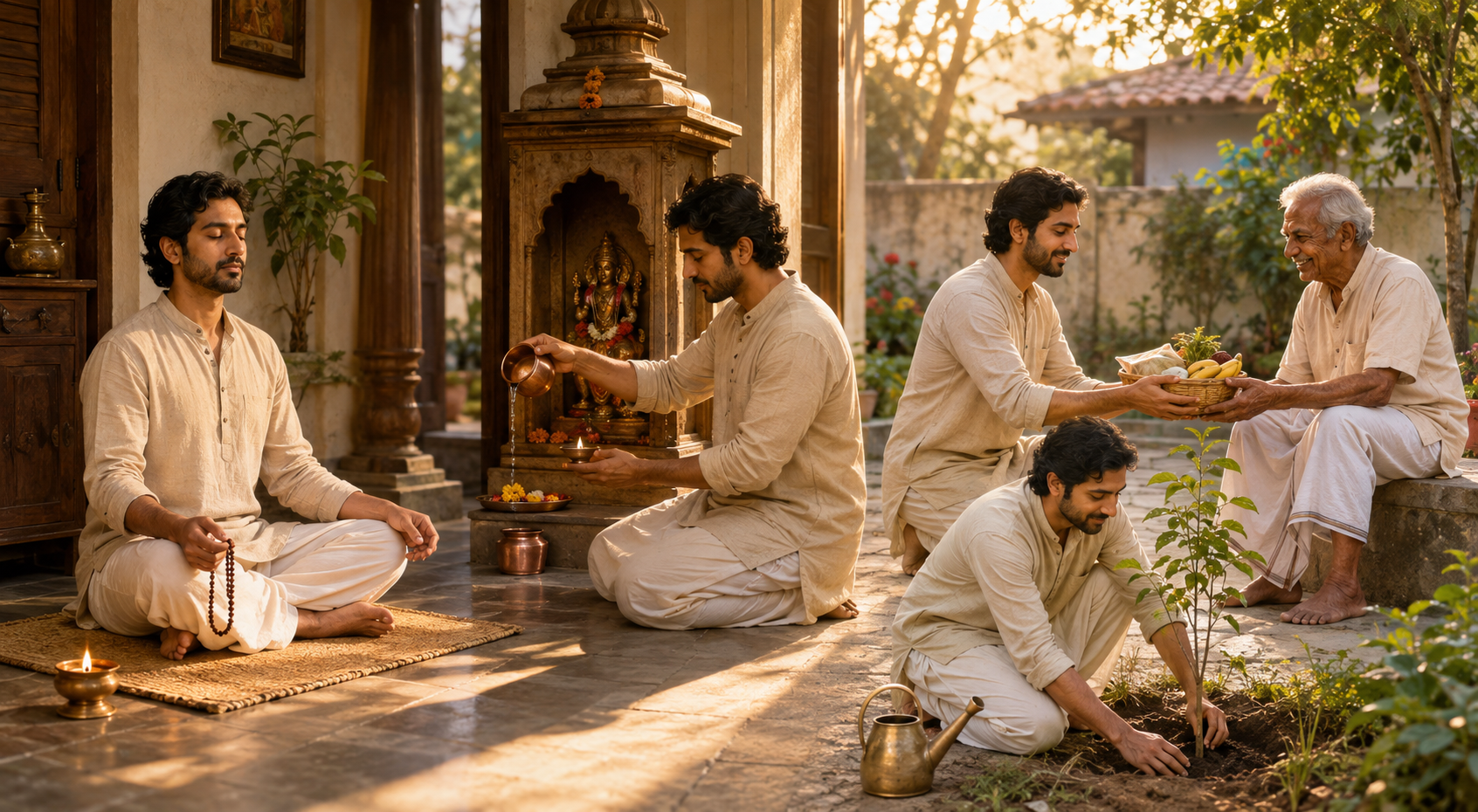 Three connected scenes show a person meditating, making a simple offering, and serving a neighbor while caring for a tree.