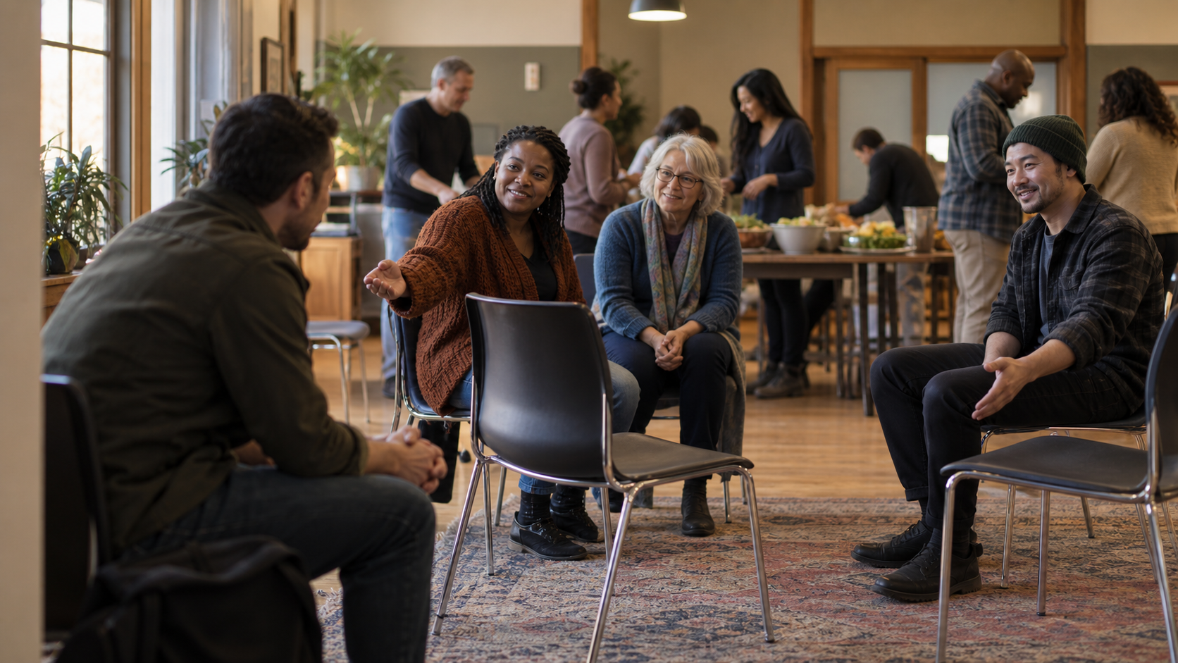 Members of a community group offer an open chair to an adult sitting alone at the edge of a meeting room.