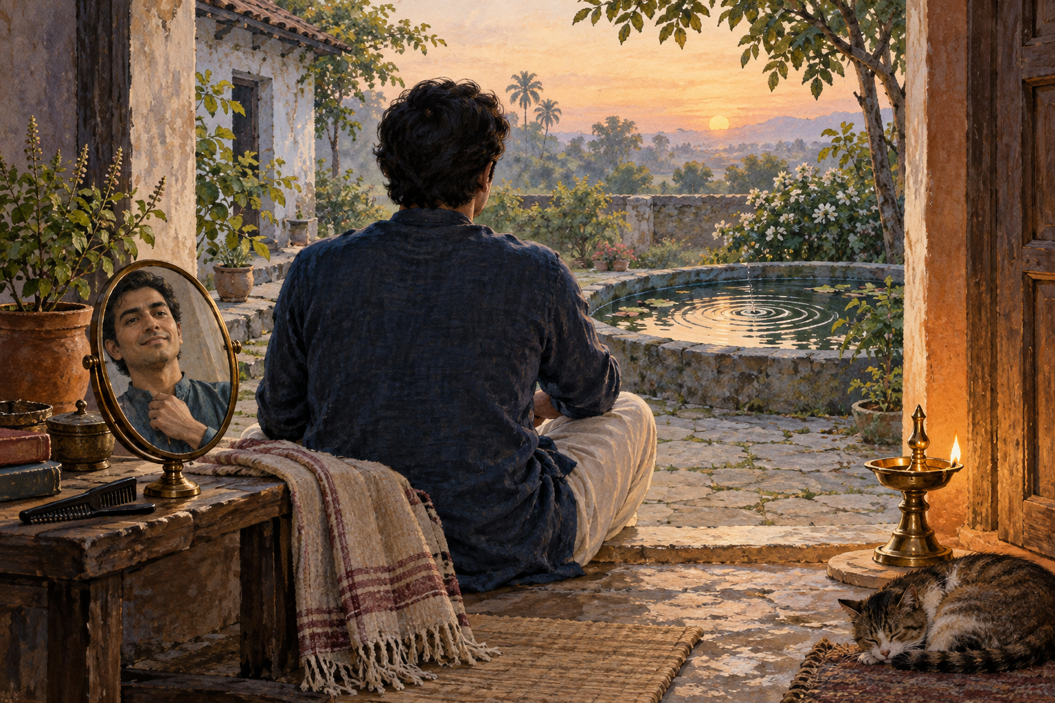 An Indian adult sits quietly at a courtyard threshold beside a brass oil lamp, a small mirror, and a still water basin at dawn.