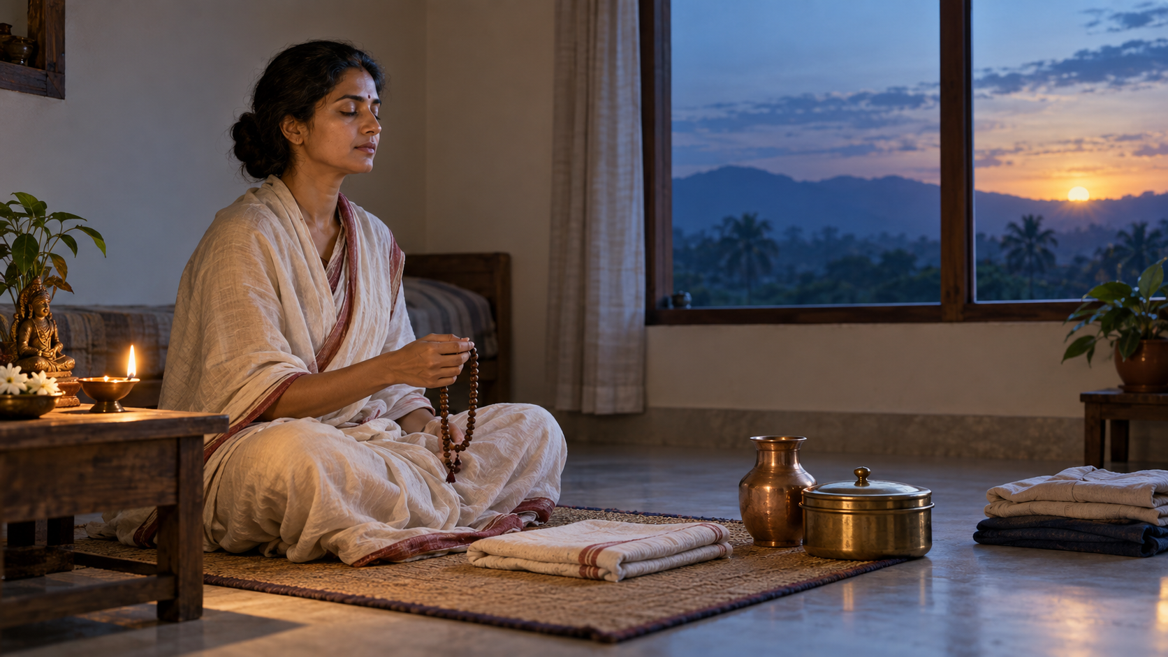 A healthy adult practices prayer with wooden beads beside an oil lamp and copper water vessel before sunrise.