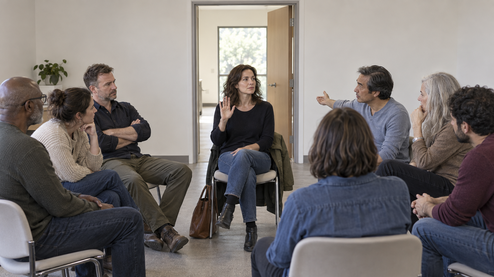 An adult raises a hand while speaking in a seated group, with an open doorway visible behind them.