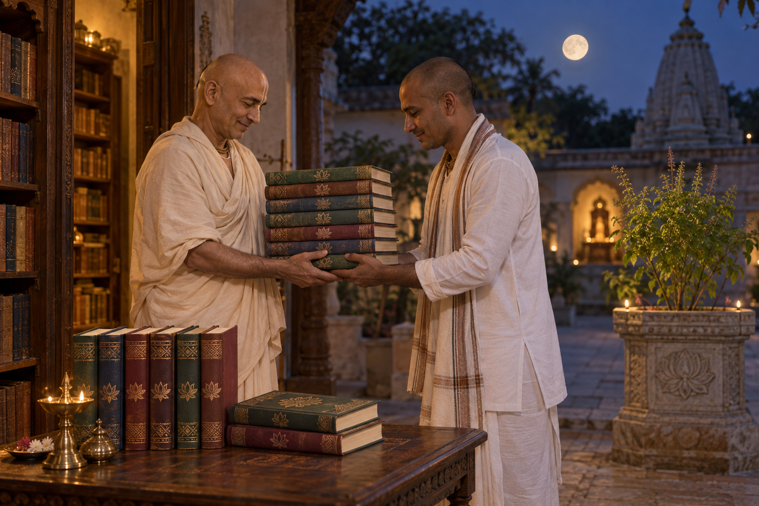 Two devotees carefully exchange a coordinated multi-volume scripture set at a temple library as a full moon rises over the courtyard.