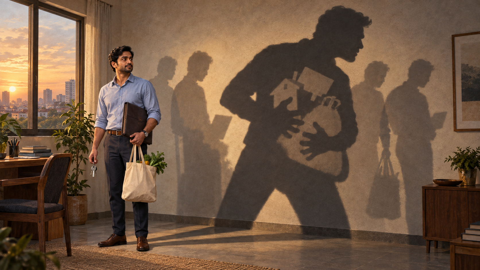 An office worker carrying keys, a folder, and a shopping bag casts several overlapping shadows, including one exaggerated shadow larger than the person.