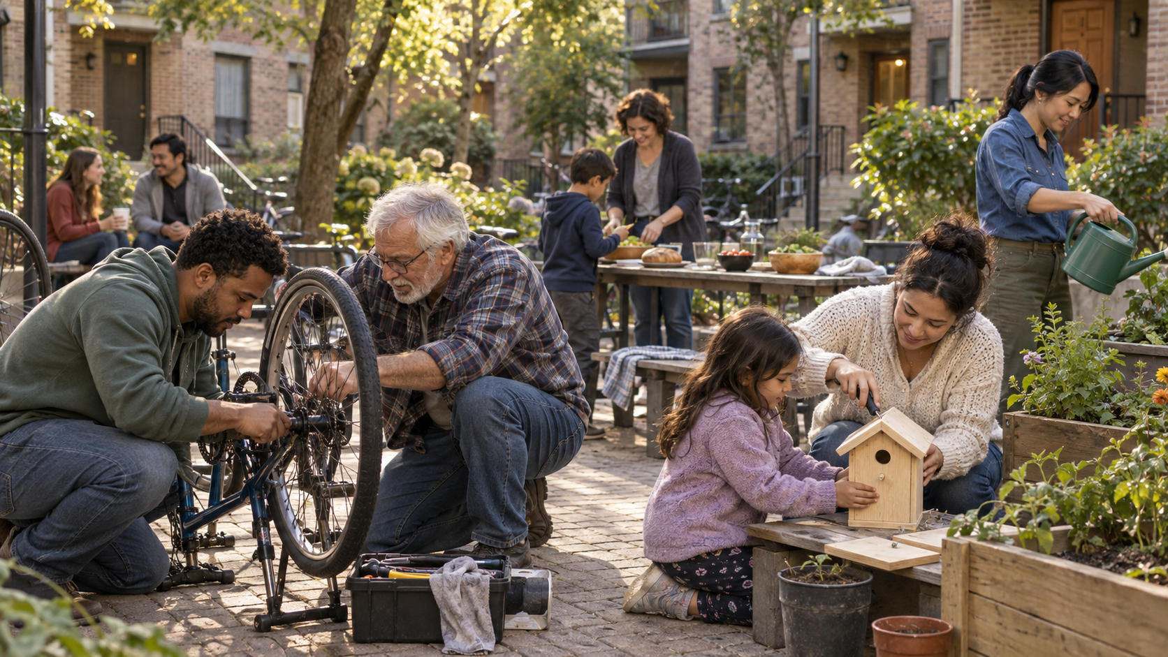 Neighbors of different ages share food, repair a bicycle, garden, and build a birdhouse in a residential courtyard.